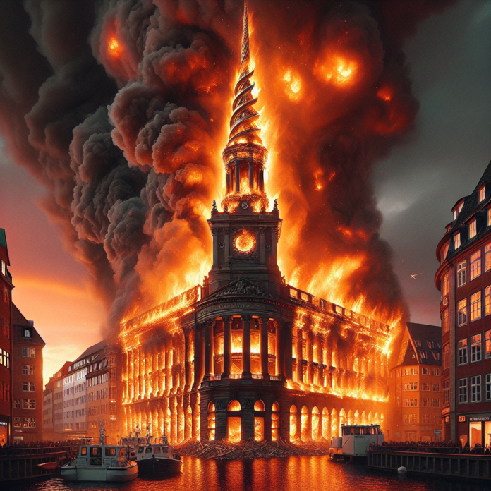 Incendi alla Borsa di Copenaghen: crolla la guglia, simbolo storico della città avvolto dalle fiamme